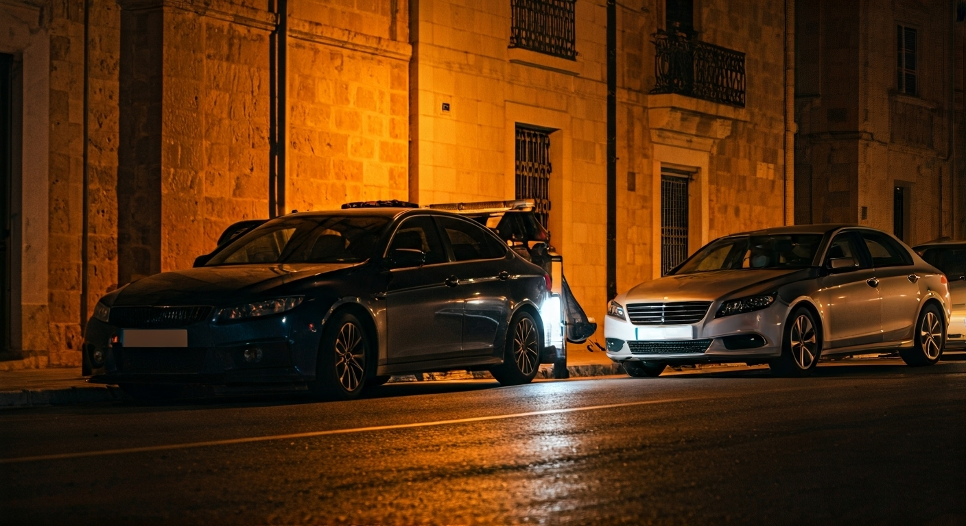 Tow truck helping car at dusk